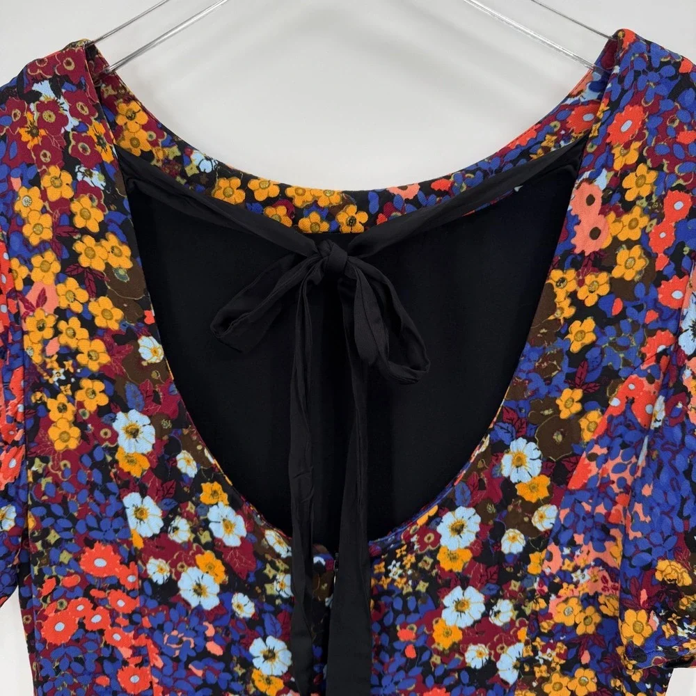 Anthropologie Ruffled Satin Mini Dress Size 14 Floral Tie Open Back Colorful - Picture 7 of 14